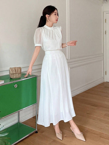 DAZY Elegant Solid Color Puff Sleeve Shirt And Skirt Set For Women, Summer