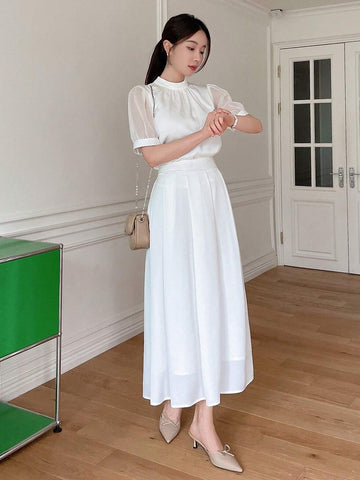 DAZY Elegant Solid Color Puff Sleeve Shirt And Skirt Set For Women, Summer