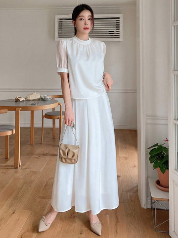 DAZY Elegant Solid Color Puff Sleeve Shirt And Skirt Set For Women, Summer