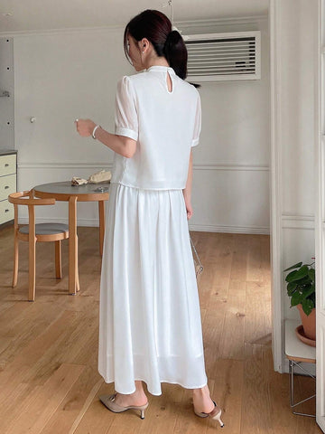 DAZY Elegant Solid Color Puff Sleeve Shirt And Skirt Set For Women, Summer