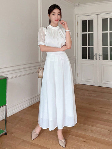 DAZY Elegant Solid Color Puff Sleeve Shirt And Skirt Set For Women, Summer
