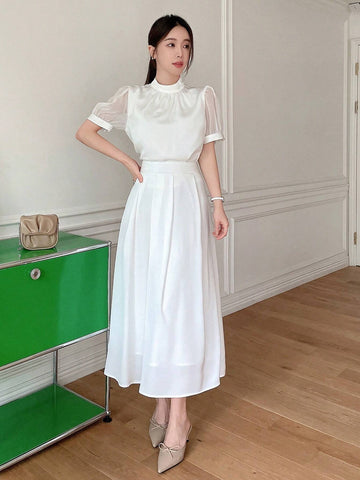 DAZY Elegant Solid Color Puff Sleeve Shirt And Skirt Set For Women, Summer