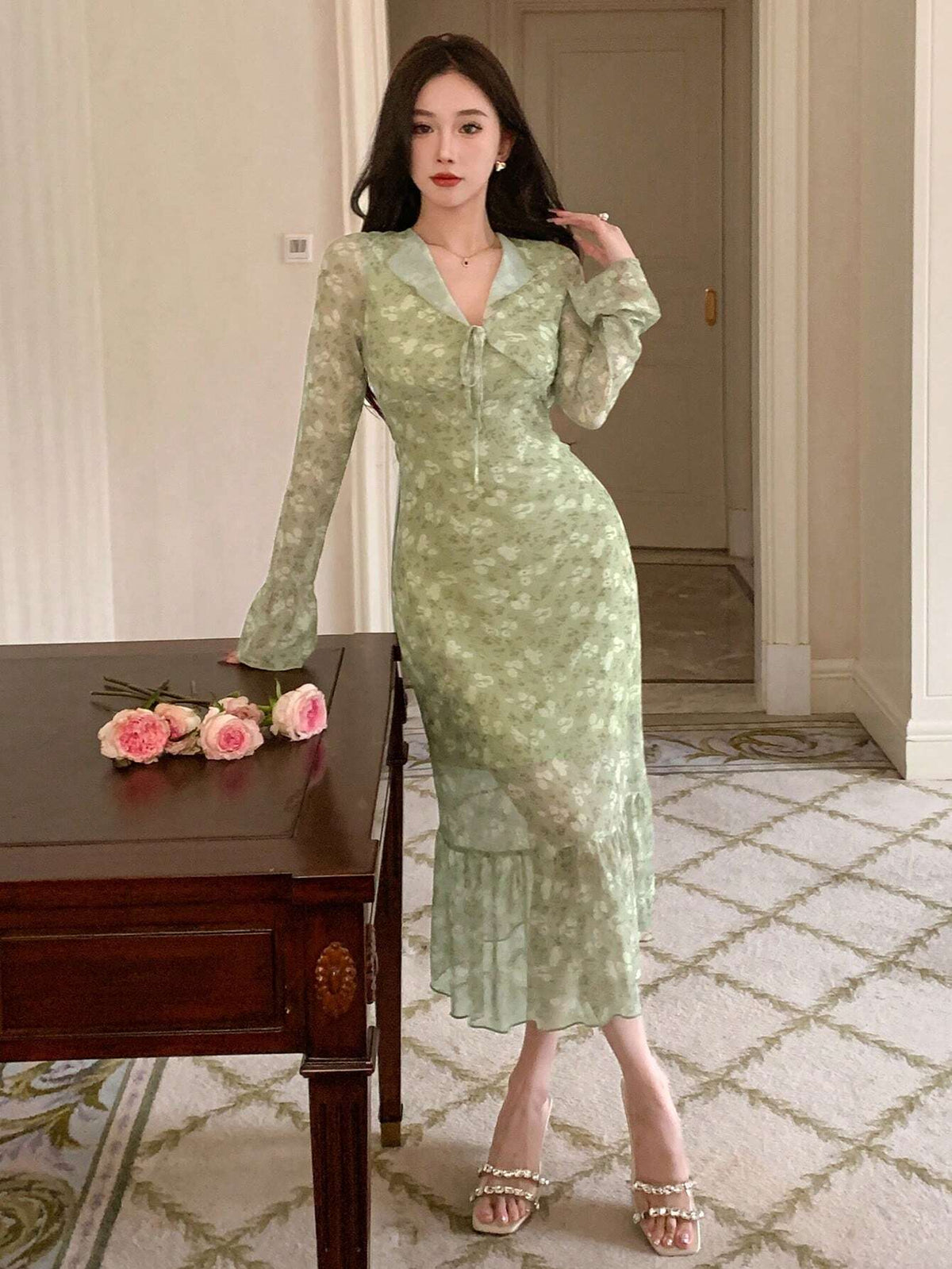 DAZY Elegant Summer Dress With Gathered Waist, Floral Print, Ruffle Hem, And Lotus Leaf Edge