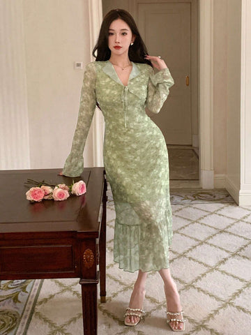 DAZY Elegant Summer Dress With Gathered Waist, Floral Print, Ruffle Hem, And Lotus Leaf Edge