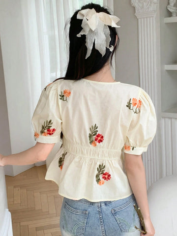 DAZY Embroidered V-Neck Short Puff Sleeve Waist-Hugging Women Blouse