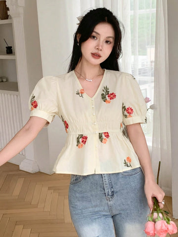 DAZY Embroidered V-Neck Short Puff Sleeve Waist-Hugging Women Blouse