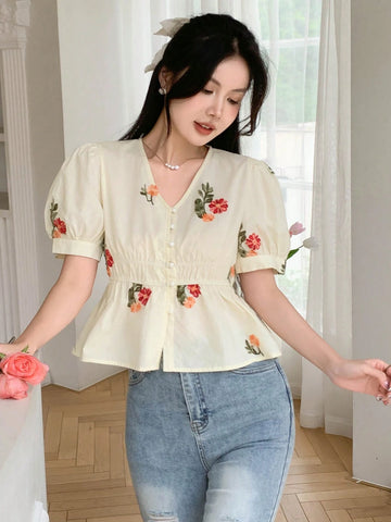 DAZY Embroidered V-Neck Short Puff Sleeve Waist-Hugging Women Blouse