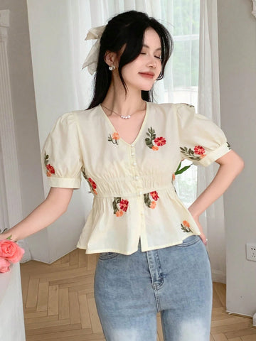 DAZY Embroidered V-Neck Short Puff Sleeve Waist-Hugging Women Blouse