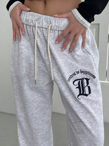 DAZY Embroidery Letter Pattern Drawstring Waist Sweatpants
