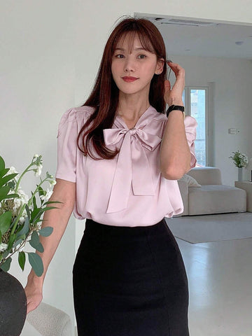 DAZY Fashionable Women Pure Color Short Sleeve Shirt With Tied Straps