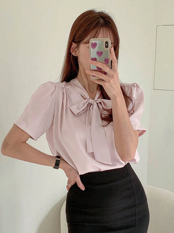 DAZY Fashionable Women Pure Color Short Sleeve Shirt With Tied Straps