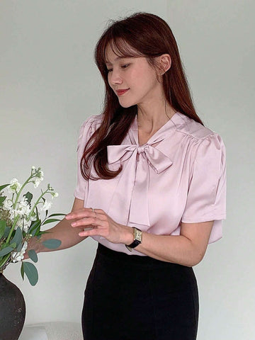 DAZY Fashionable Women Pure Color Short Sleeve Shirt With Tied Straps
