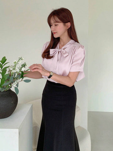 DAZY Fashionable Women Pure Color Short Sleeve Shirt With Tied Straps