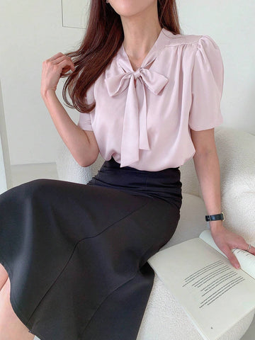 DAZY Fashionable Women Pure Color Short Sleeve Shirt With Tied Straps