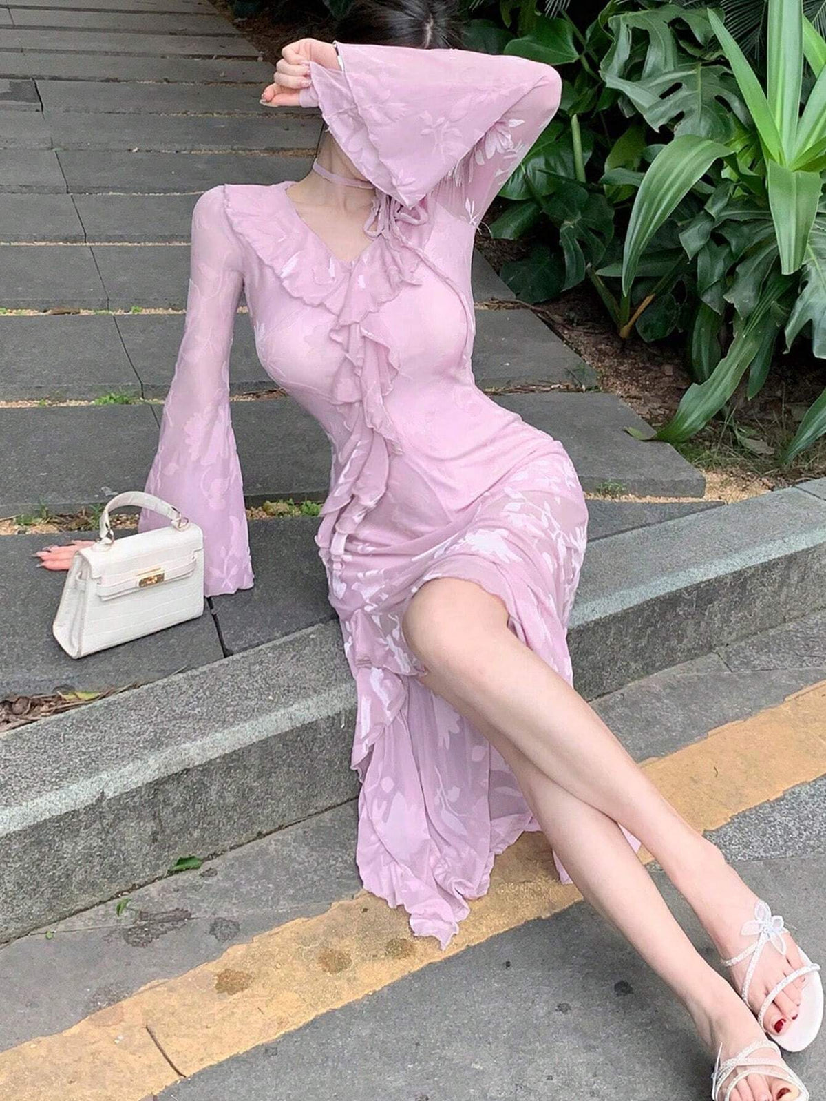 DAZY Flocked Raised Pattern V-Neck Long Sleeve Dress For Women, Autumn Sexy High Slit Dress