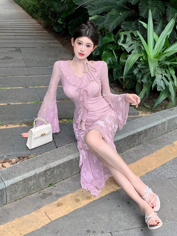DAZY Flocked Raised Pattern V-Neck Long Sleeve Dress For Women, Autumn Sexy High Slit Dress