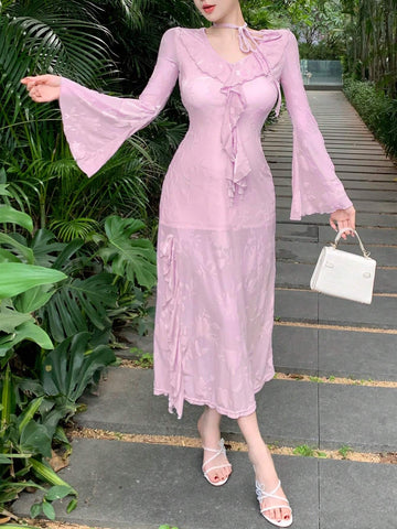 DAZY Flocked Raised Pattern V-Neck Long Sleeve Dress For Women, Autumn Sexy High Slit Dress