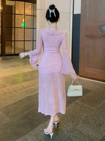 DAZY Flocked Raised Pattern V-Neck Long Sleeve Dress For Women, Autumn Sexy High Slit Dress