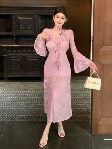 DAZY Flocked Raised Pattern V-Neck Long Sleeve Dress For Women, Autumn Sexy High Slit Dress