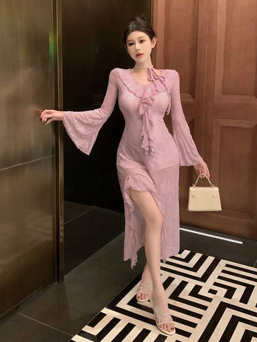 DAZY Flocked Raised Pattern V-Neck Long Sleeve Dress For Women, Autumn Sexy High Slit Dress