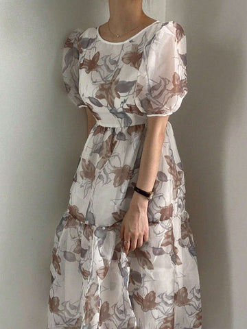 DAZY Floral Print Back Cross Strap Elegant Dress