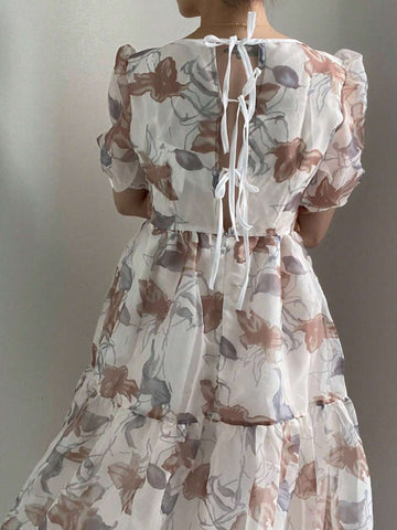 DAZY Floral Print Back Cross Strap Elegant Dress
