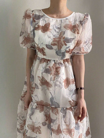 DAZY Floral Print Back Cross Strap Elegant Dress