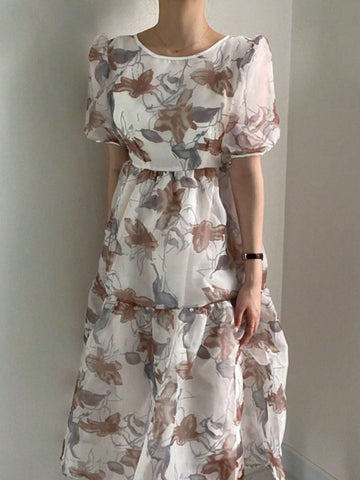 DAZY Floral Print Back Cross Strap Elegant Dress