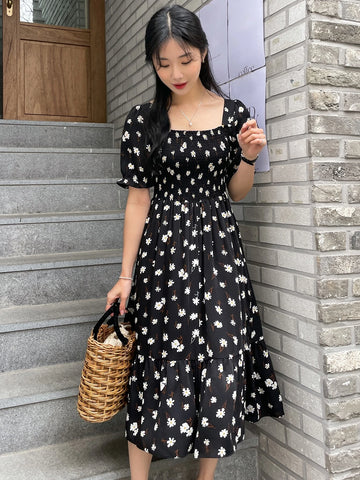 DAZY Floral Print Criss Cross Back Shirred Dress