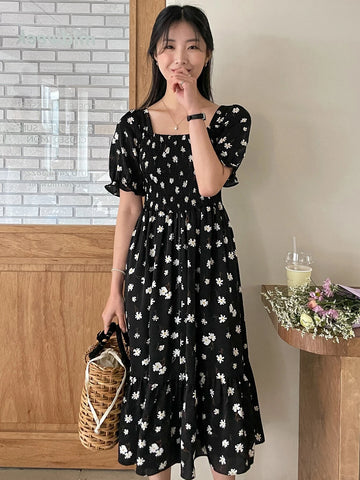 DAZY Floral Print Criss Cross Back Shirred Dress