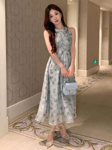DAZY Floral Print Halterneck Sleeveless Waist-Tie Dress, Perfect For Summer