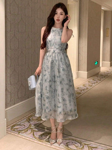 DAZY Floral Print Halterneck Sleeveless Waist-Tie Dress, Perfect For Summer
