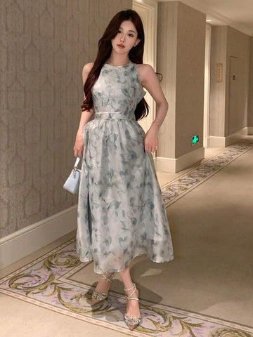 DAZY Floral Print Halterneck Sleeveless Waist-Tie Dress, Perfect For Summer