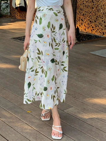 DAZY Floral Print High Waist A-line Skirt