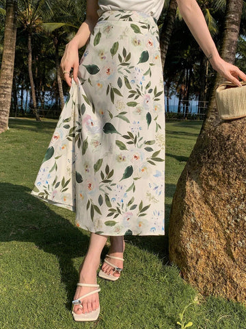 DAZY Floral Print High Waist A-line Skirt