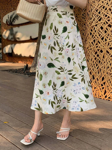 DAZY Floral Print High Waist A-line Skirt