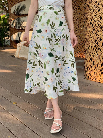 DAZY Floral Print High Waist A-line Skirt