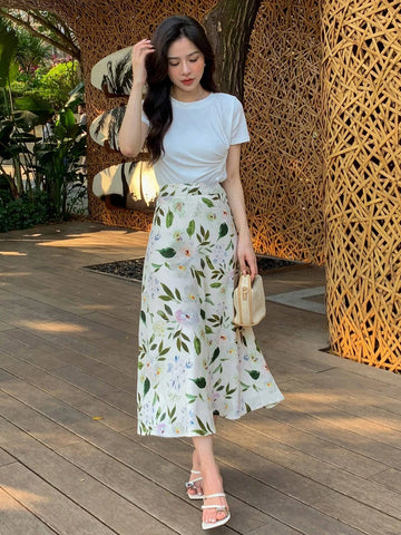 DAZY Floral Print High Waist A-line Skirt