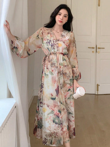 DAZY Floral Print Lantern Sleeve Tied Dress