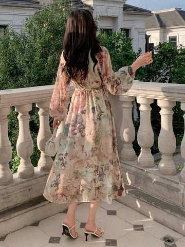 DAZY Floral Print Lantern Sleeve Tied Dress