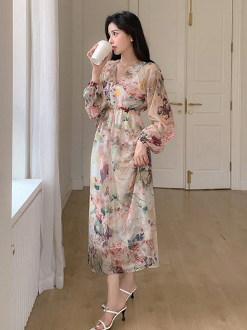 DAZY Floral Print Lantern Sleeve Tied Dress