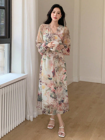 DAZY Floral Print Lantern Sleeve Tied Dress