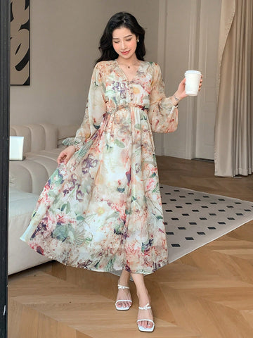 DAZY Floral Print Lantern Sleeve Tied Dress