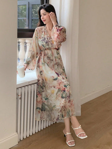 DAZY Floral Print Lantern Sleeve Tied Dress