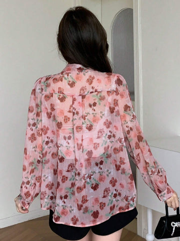 Floral Print Loose Long Sleeve Shirt With Flowy Necktie For Women