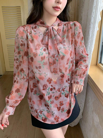Floral Print Loose Long Sleeve Shirt With Flowy Necktie For Women