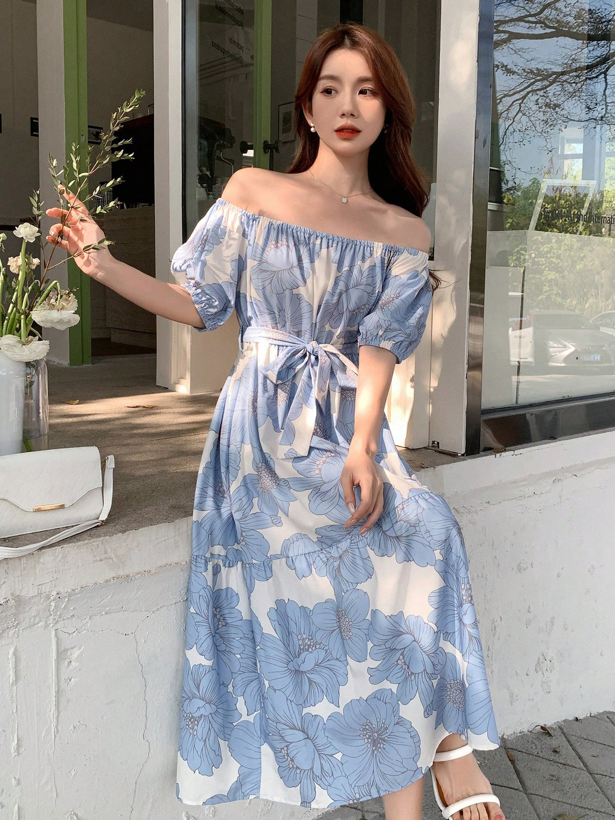 DAZY Floral Print Off-Shoulder Puff Sleeve Dress