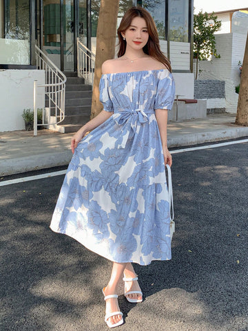 DAZY Floral Print Off-Shoulder Puff Sleeve Dress