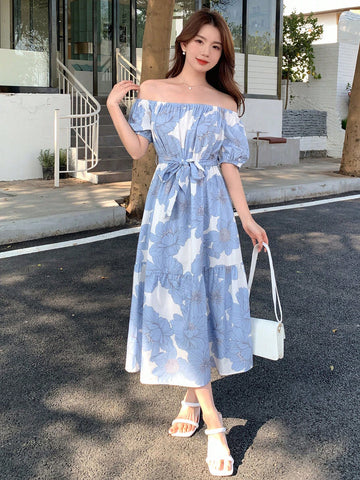 DAZY Floral Print Off-Shoulder Puff Sleeve Dress