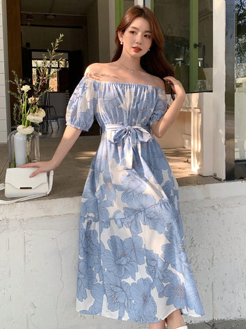 DAZY Floral Print Off-Shoulder Puff Sleeve Dress